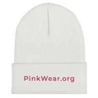 PinkWear.org White & Pink Embroidered Cuffed Beanie